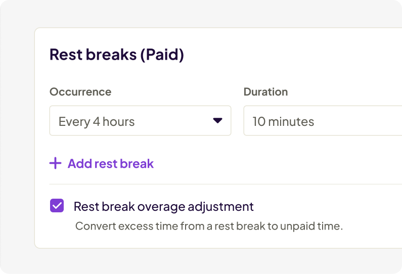 Homebase break management settings showing paid rest break configuration with 10-minute breaks every 4 hours and a rest break overage adjustment option to convert excess break time to unpaid time