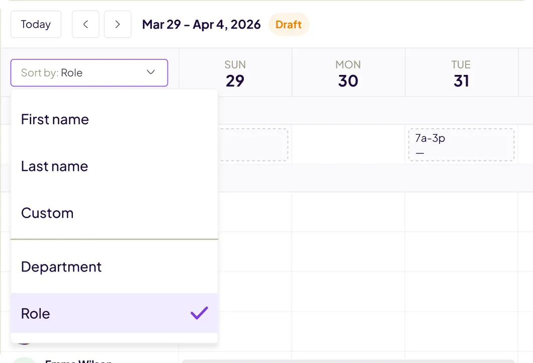 Homebase employee schedule sorted by role, with dropdown options including department, first name, and last name