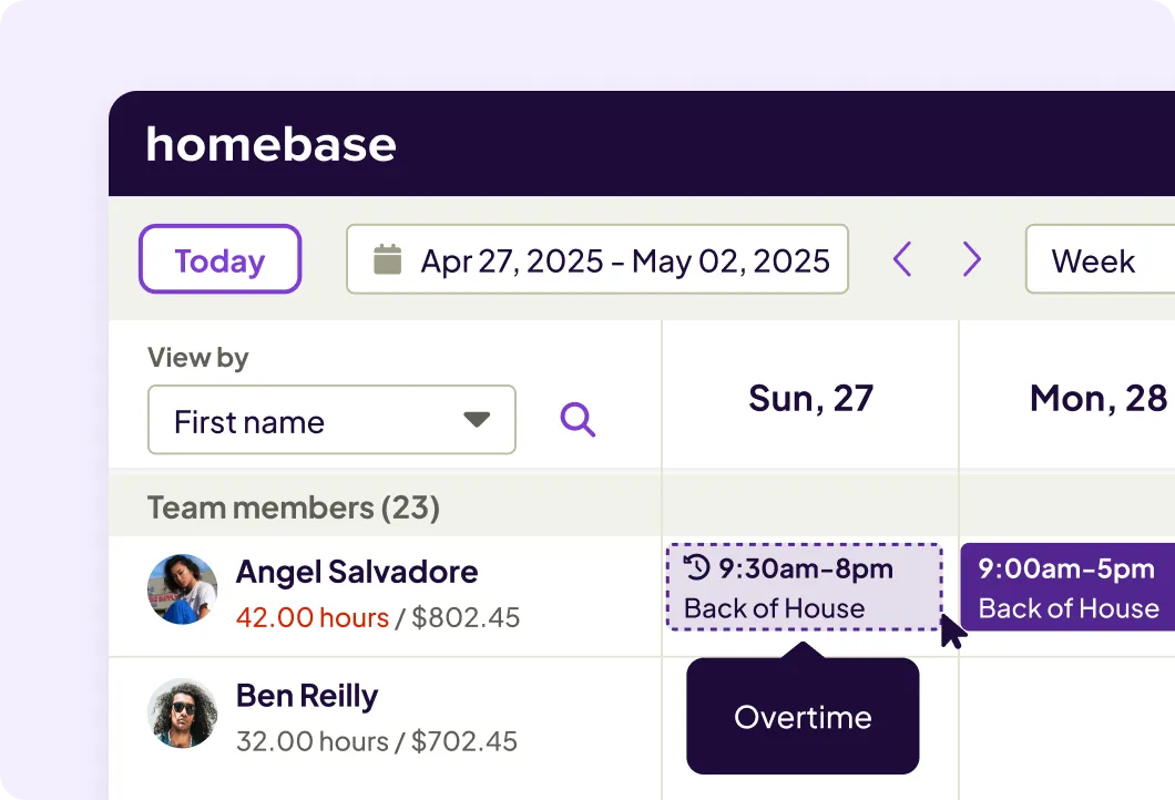 Homebase schedule view flagging an overtime alert for a team member scheduled for back-of-house shifts