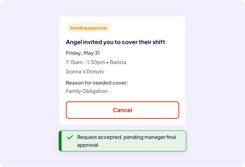 Homebase app shows a pending shift cover request listing employee name, role, date of shift, listing "family obligation" as the reason and a "cancel" button. a green confirmation banner below reads "request accepted, pending manager final approval,