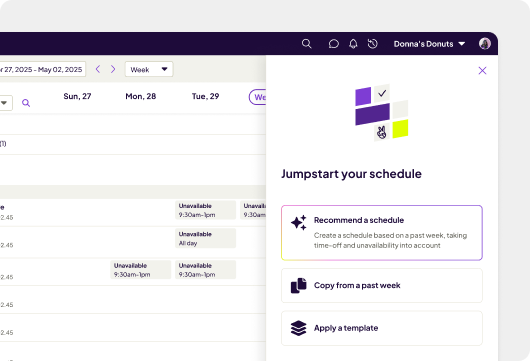 Homebase dashboard showing an automated scheduling modal titled "jumpstart your schedule." it highlights options to "recommend a schedule" using past data and unavailability rules, "copy from a past week," or "apply a template" over a calendar view.