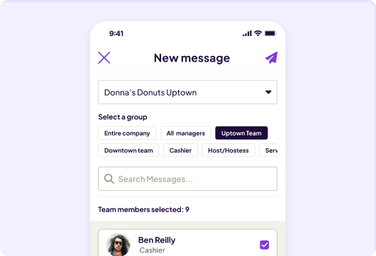 Homebase messaging app with a location dropdown set to "donna’s donuts uptown," with quick-select group buttons like "entire company," "all managers," and "uptown team."