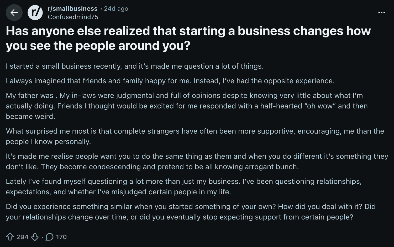 Reddit post about how starting a business changes how you see people around you.