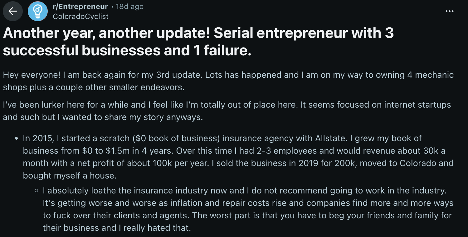 A Reddit post about a serial entrepreneur sharing their latest annual update about their successes and failures.