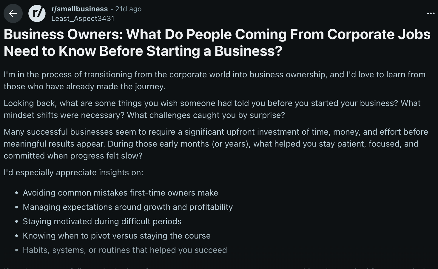 Reddit post on business owners reflecting on what they wish someone had told them before they started.