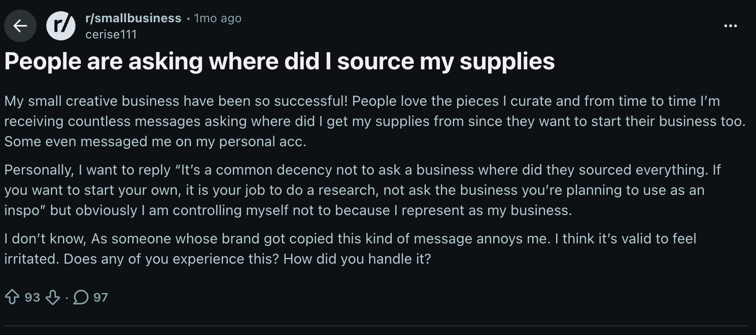 A Reddit post about how one business owner sources supplies.