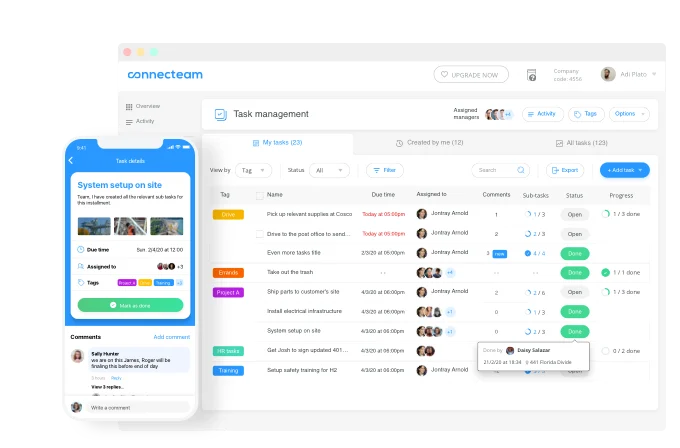 Connecteam task management overview showing employees and their assigned tasks.