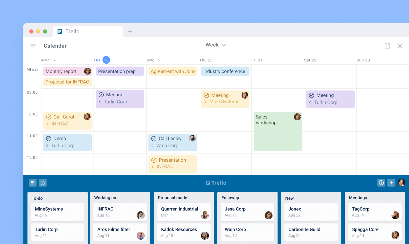 Trello task management overview showing employees and their assigned tasks.