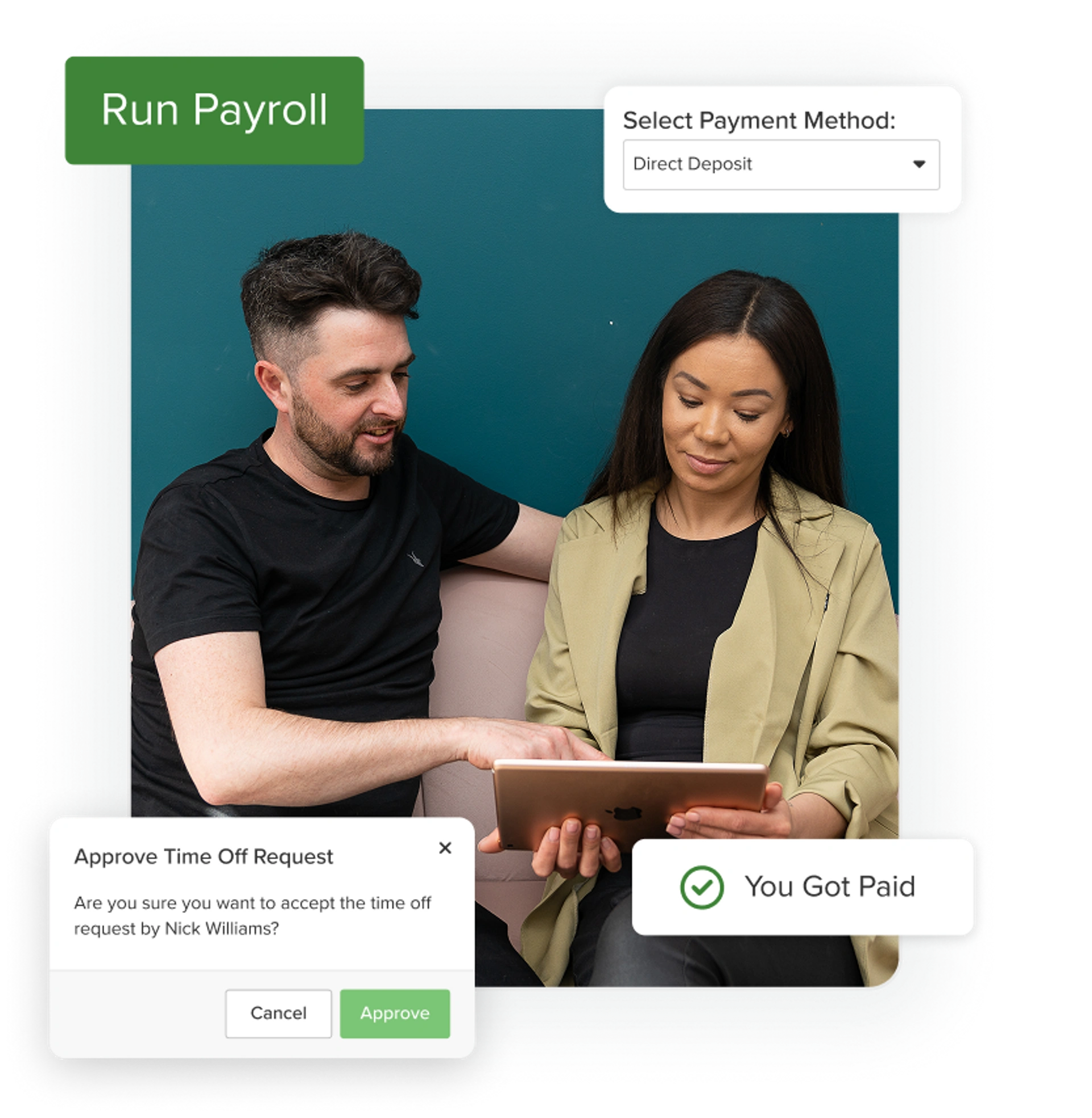 Vagaro payroll software overview showing capabilities like payment method, time off requests, and payroll confirmation.