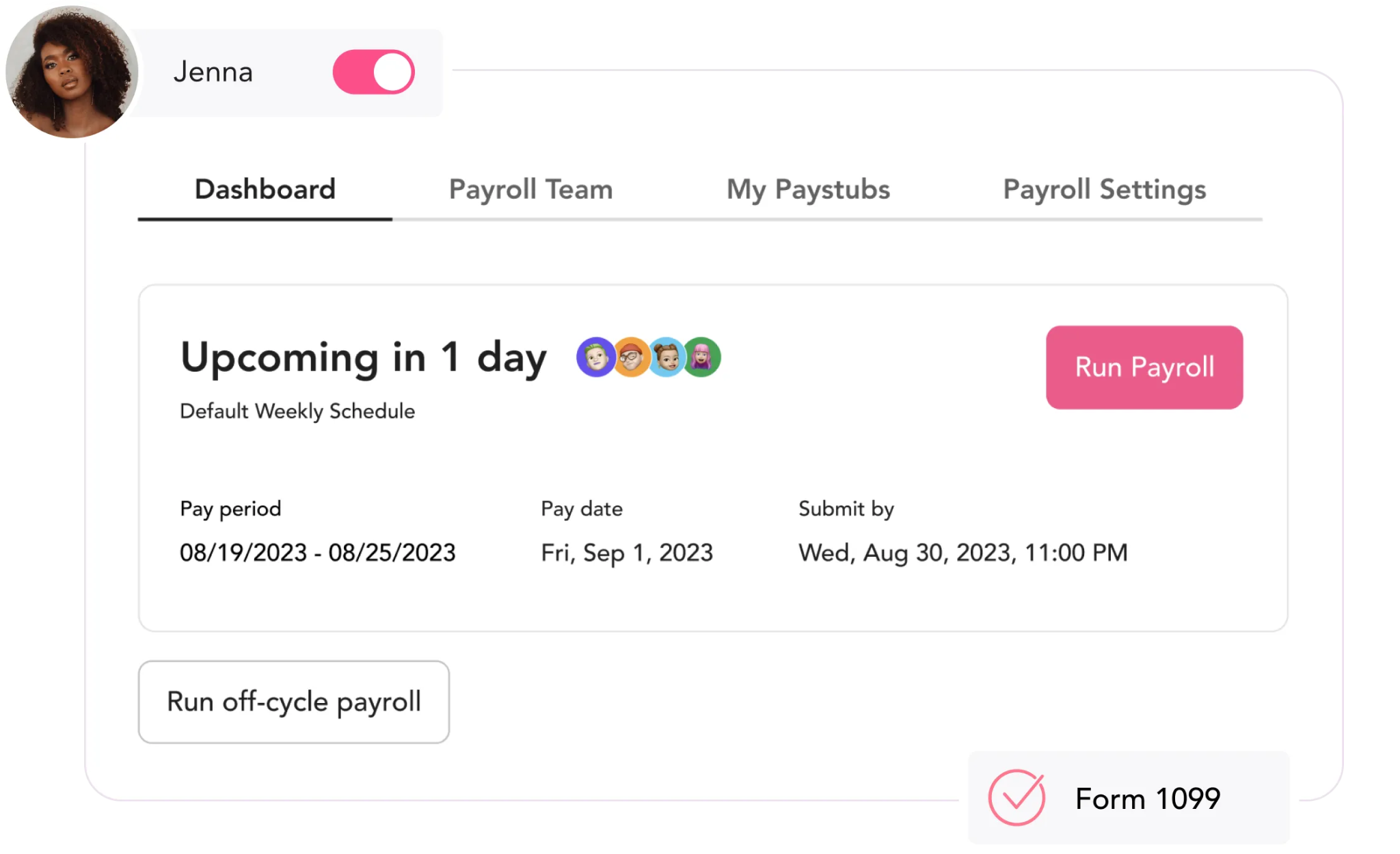 GlossGenius payroll software dashboard showing employees, schedules, and payroll.