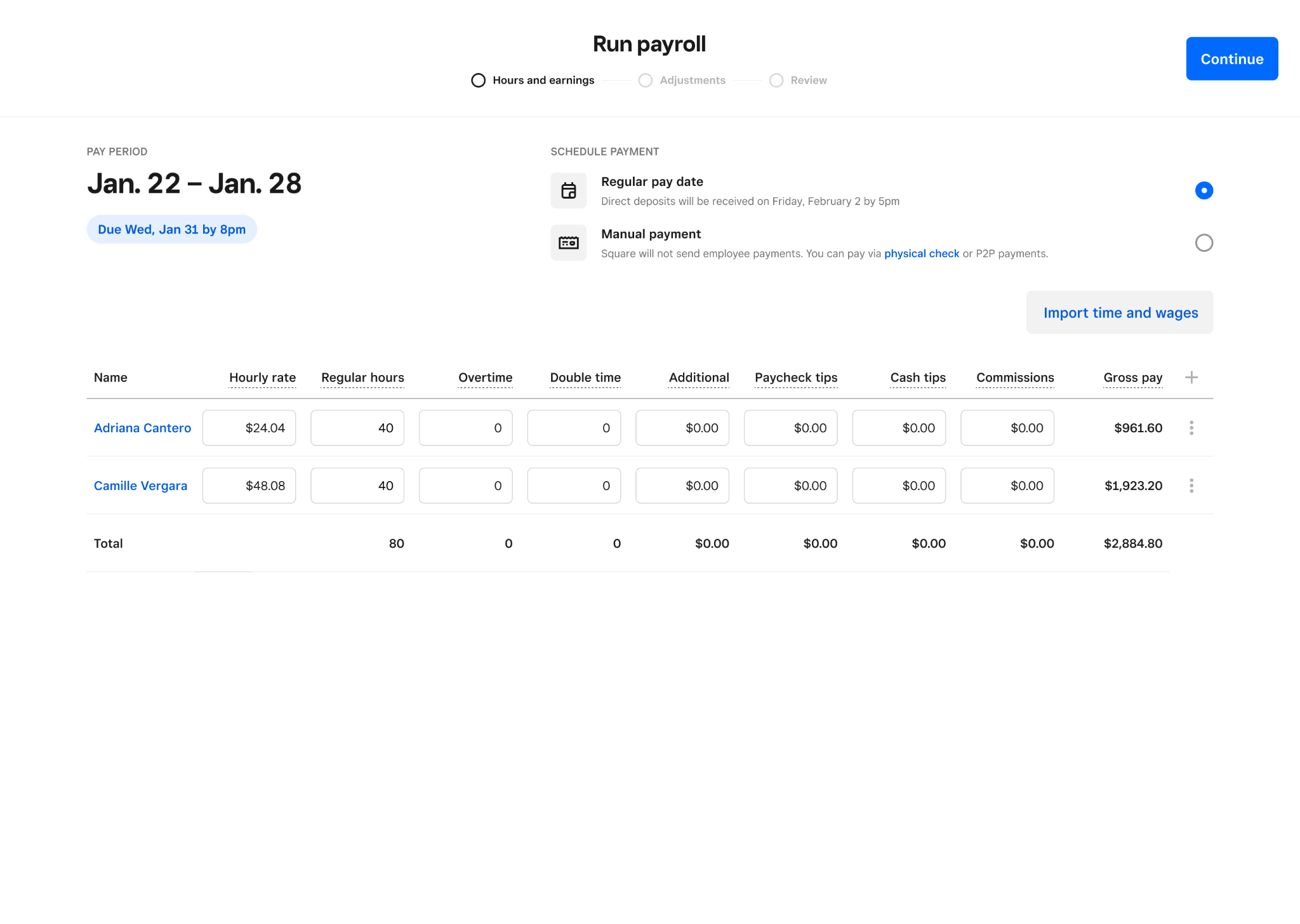 Square Payroll software overview showing employees, hours worked, and payroll.