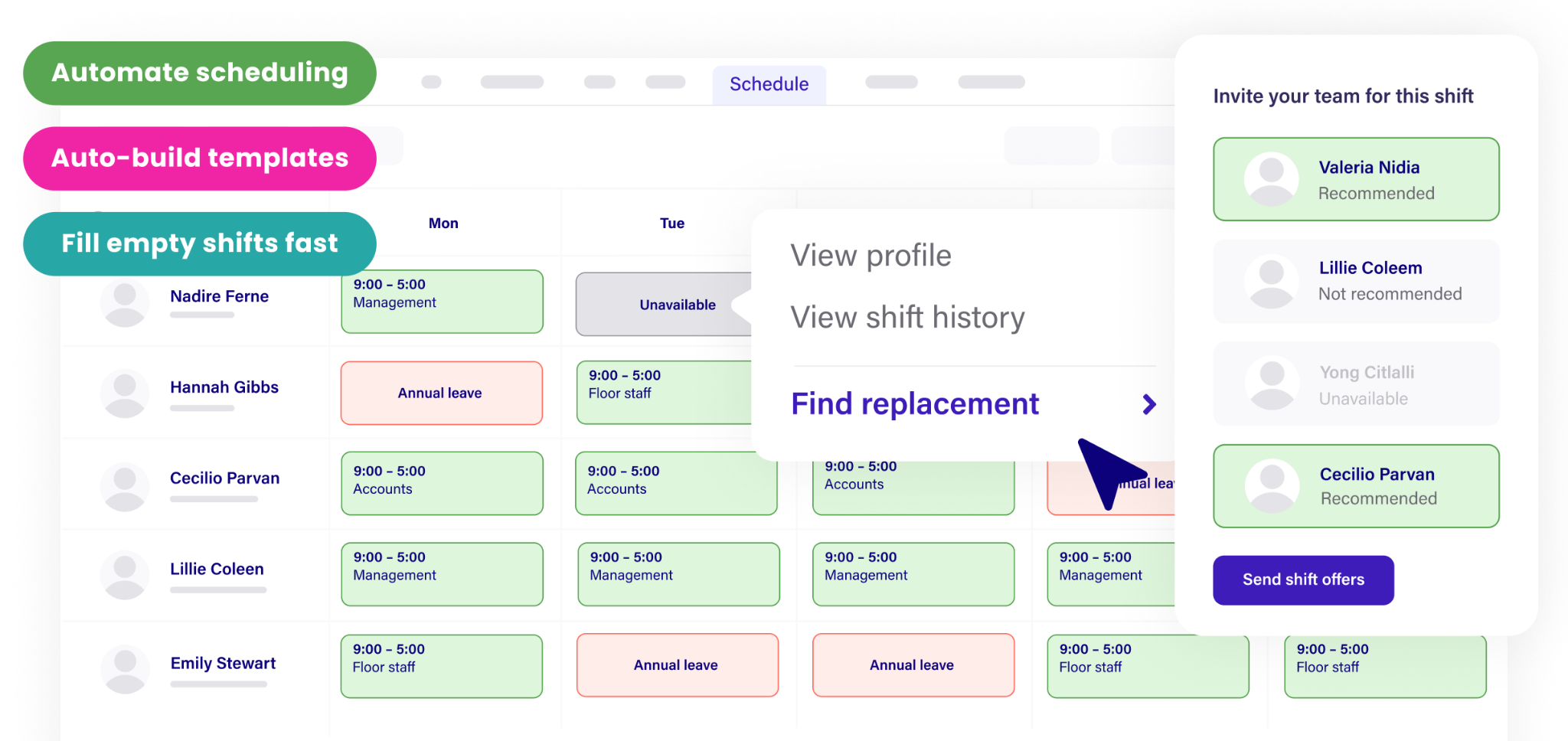 Deputy scheduling dashboard overview showing employees, work schedules, hours, and labour cost.