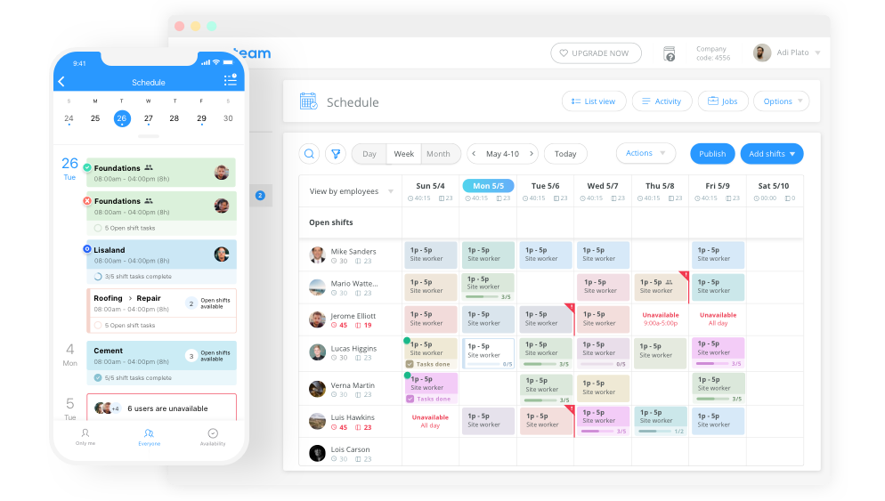 Connecteam all-in-one scheduling app dashboard showing time tracking and HR tools for small teams.