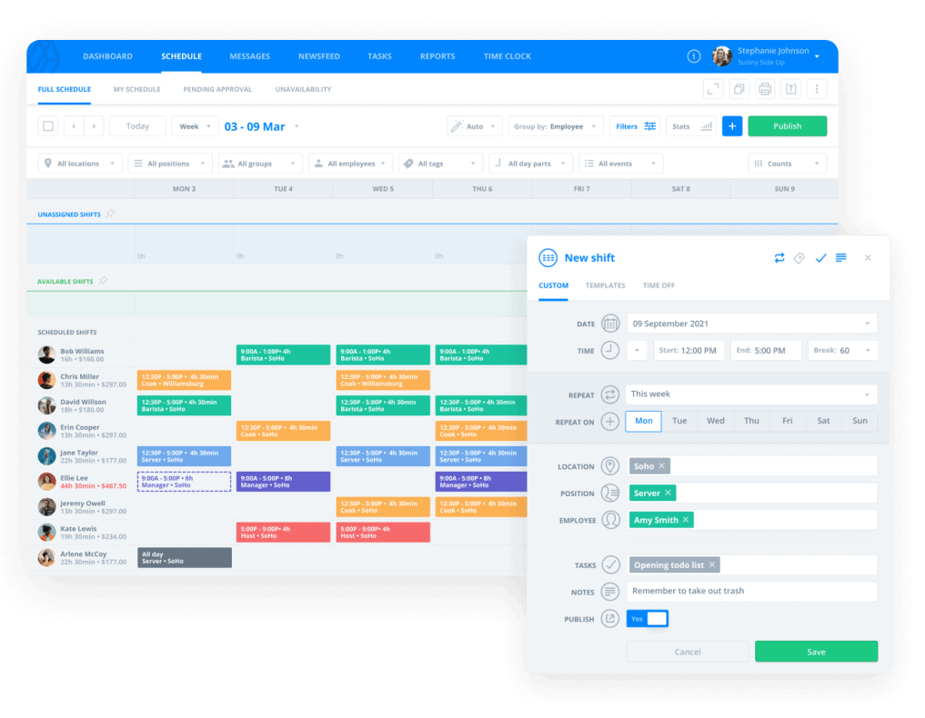 Alt text:Sling free employee scheduling dashboard showing shift assignments and team messaging for small businesses