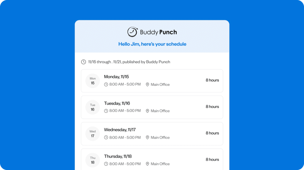 Buddy Punch scheduling dashboard overview showing employees, work schedules, hours, and labour cost.
