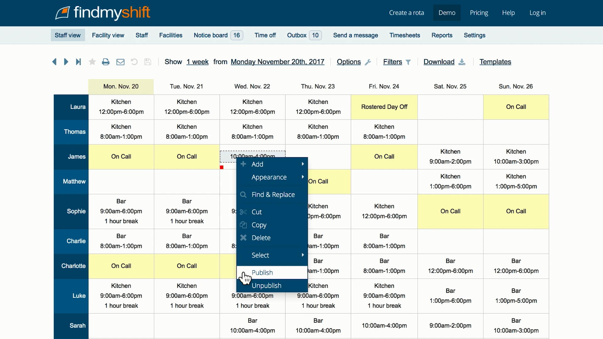 Findmyshift scheduling dashboard overview showing employees, work schedules, hours, and labour cost.