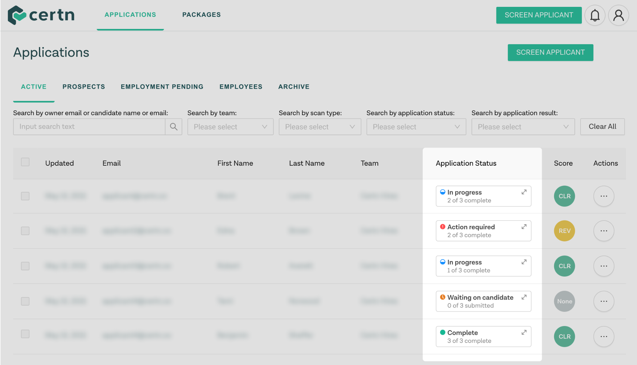 Certn employer screening dashboard showing international background check status and candidate portal