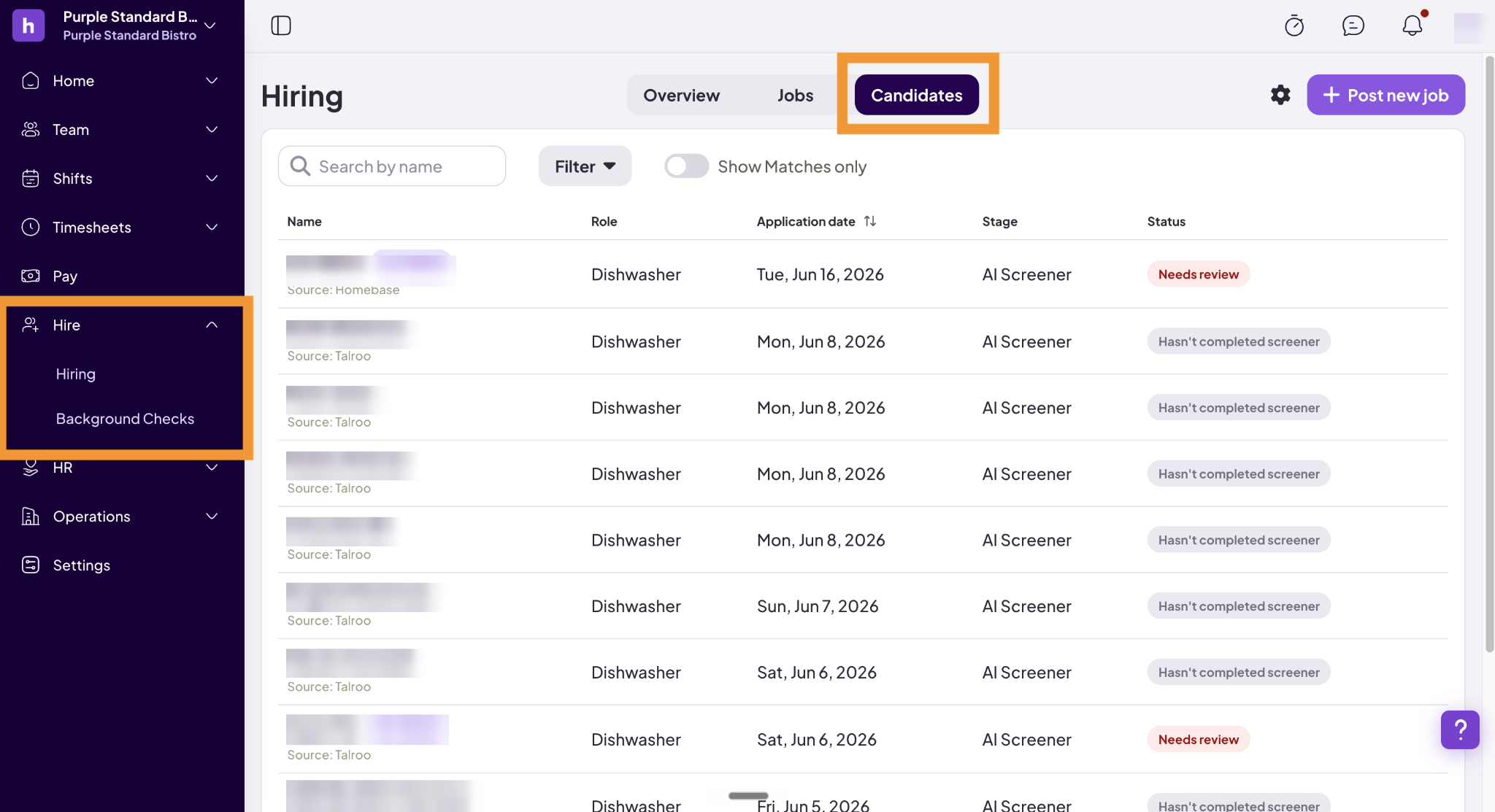 Homebase hiring dashboard showing background check integration for small business owners