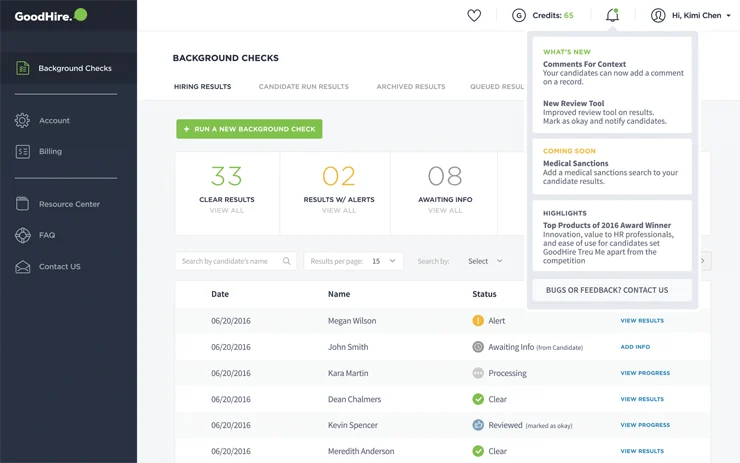 GoodHire employer dashboard showing candidate screening status and compliance workflow