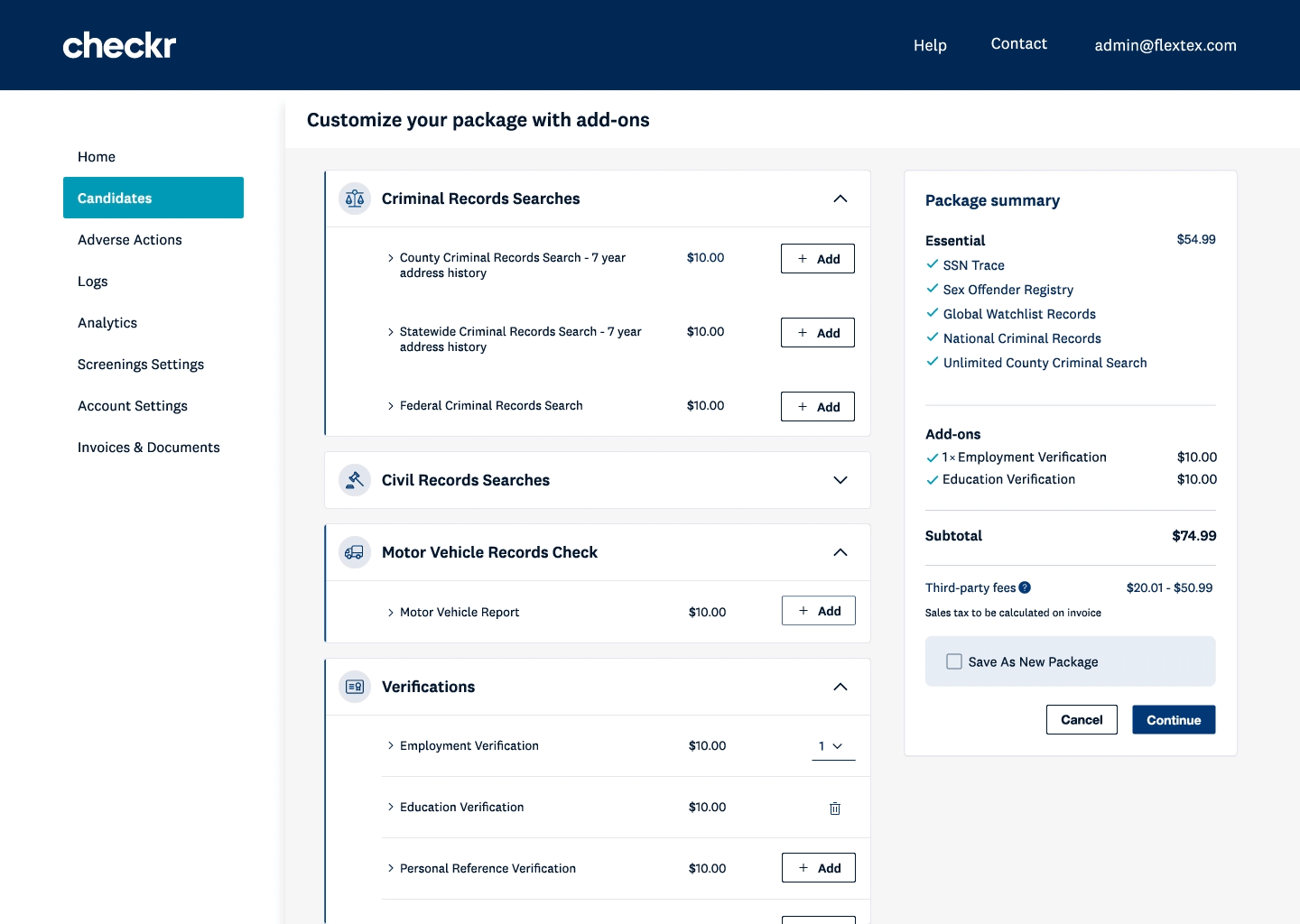 Checkr employer dashboard showing background check order and status tracking interface
