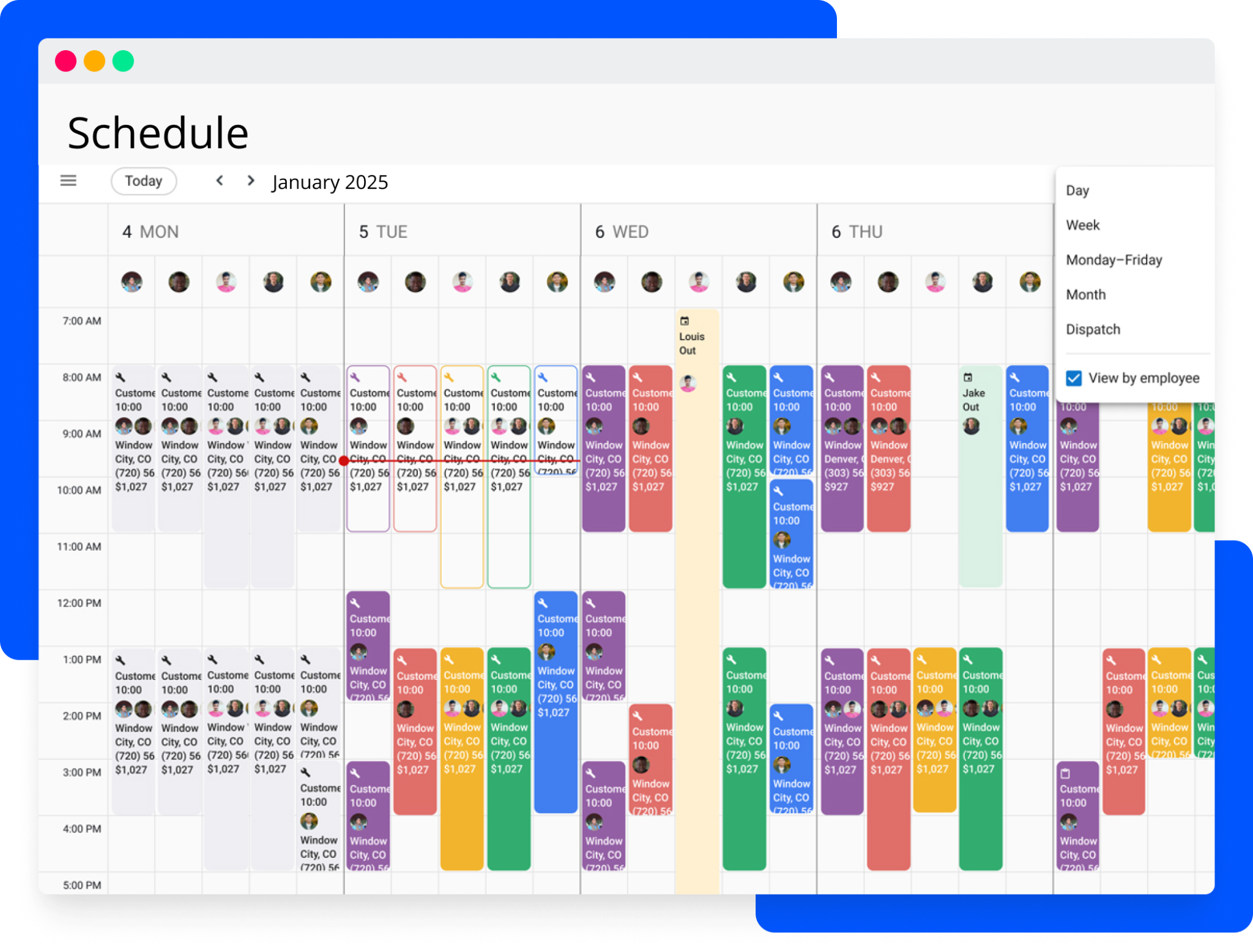 Housecall Pro scheduling software overview showing employees, shift hours, and labour costs.