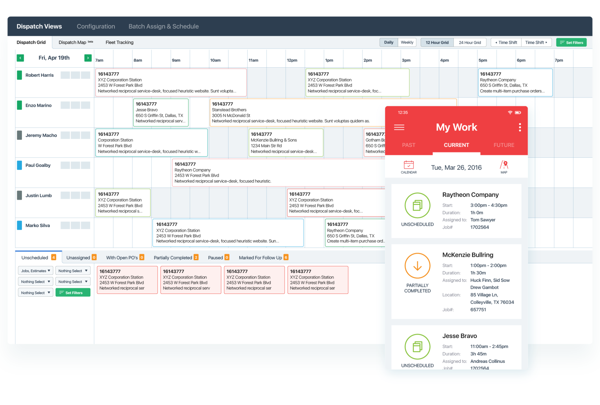 Service Fusion scheduling software overview showing employees, shift hours, and labour costs.