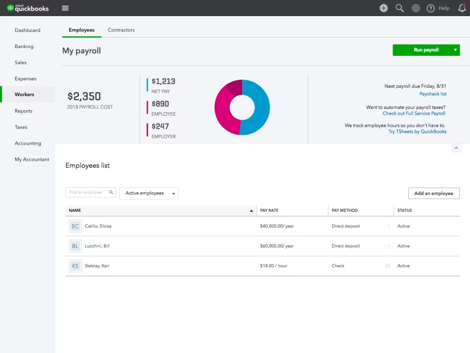 ALT:QuickBooks Payroll software overview showing employee profiles, pay periods, and payroll reports.