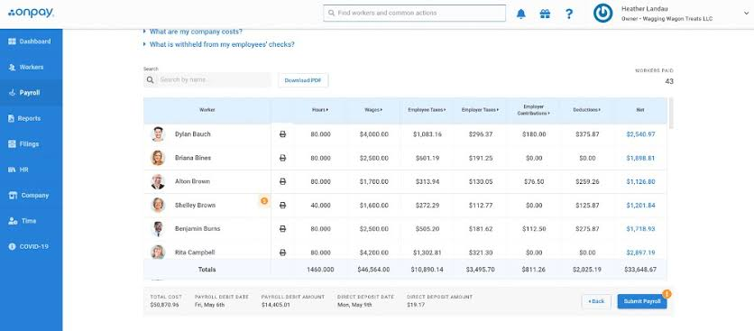 OnPay single-plan payroll interface showing an employee pay summary.
