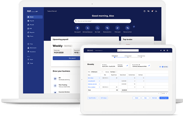ADP RUN payroll interface showing compliance and HR options for a small business.