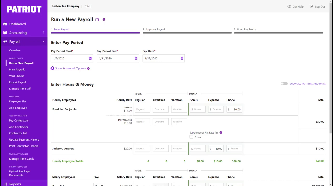 Patriot Payroll dashboard showing basic and full-service payroll setup for very small retail businesses 