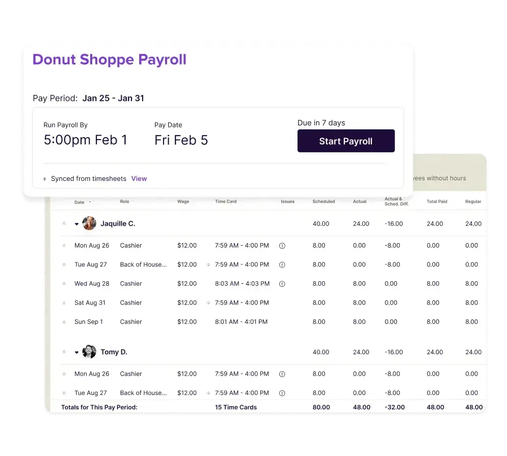 Homebase payroll dashboard showing restaurant timesheets, tips, and wages