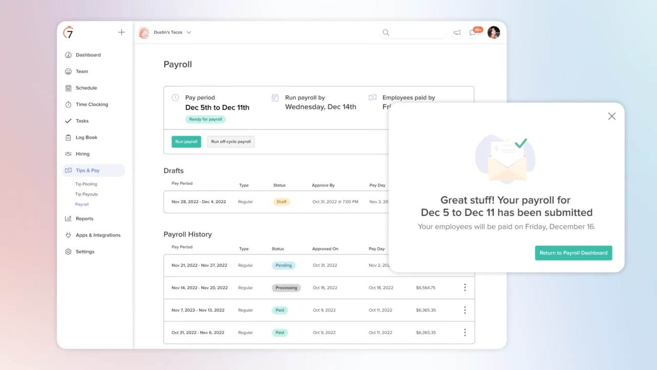 7shifts tip pooling and payroll screen for a restaurant team