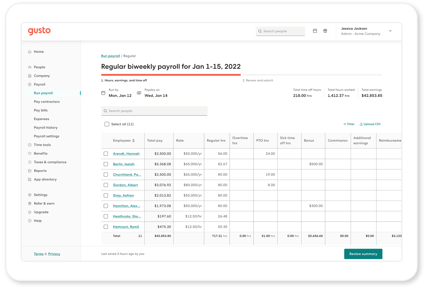 Gusto payroll run screen showing employee wages and tax filing