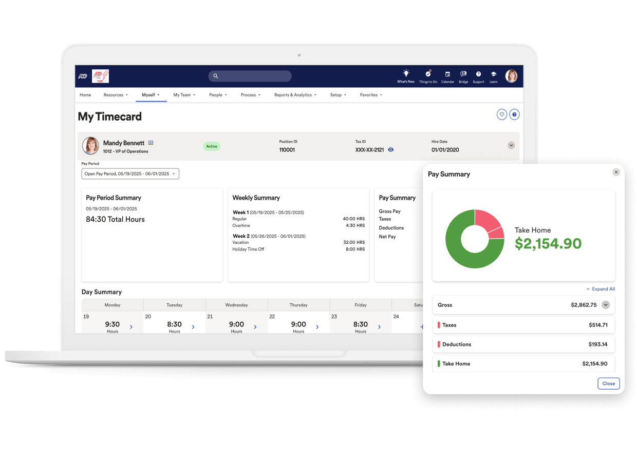 ADP RUN payroll dashboard with multi-state tax filing for restaurants