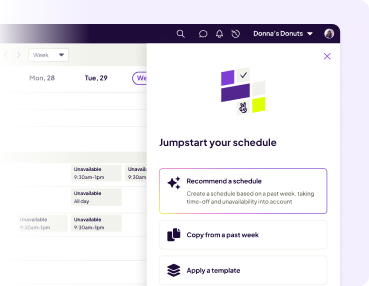 Homebase restaurant scheduling template interface with options to recommend a schedule, copy from a past week, or apply a template