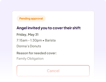 Request from employee to swap shifts due to family obligation, pending manager approval.