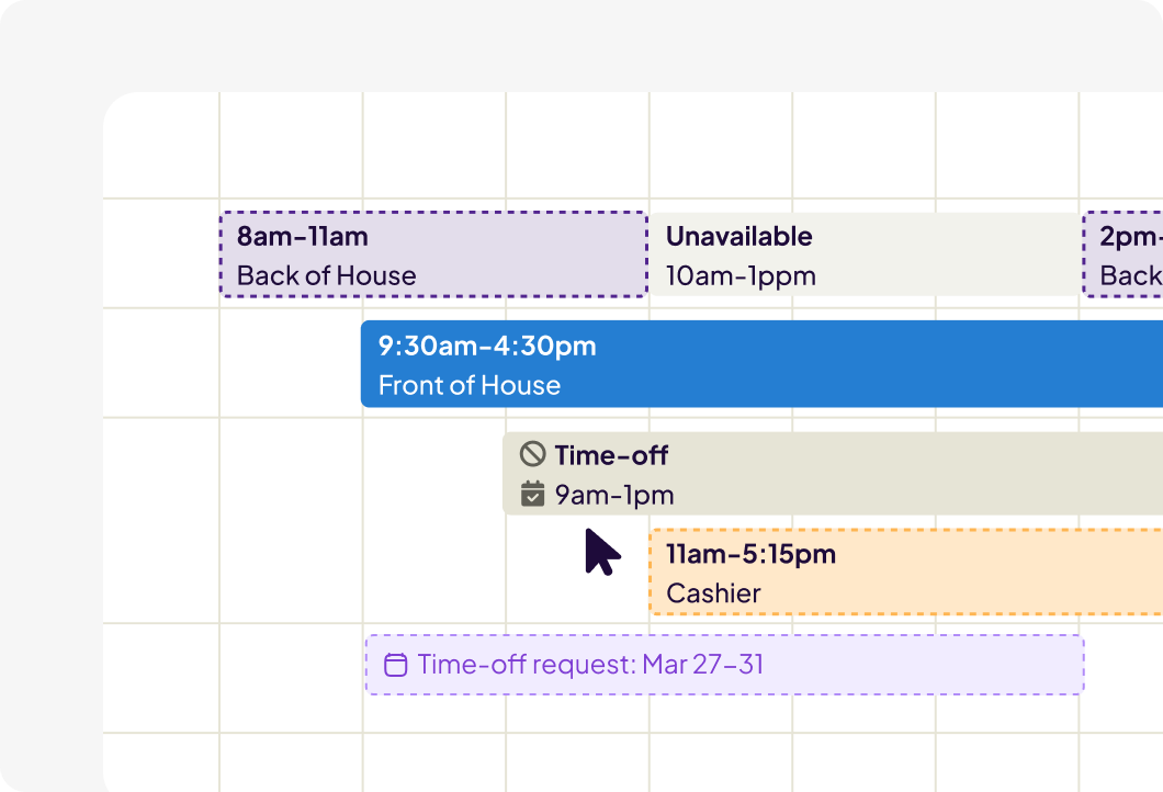Homebase schedule builder with flag for scheduling conflict over an employee's time off.