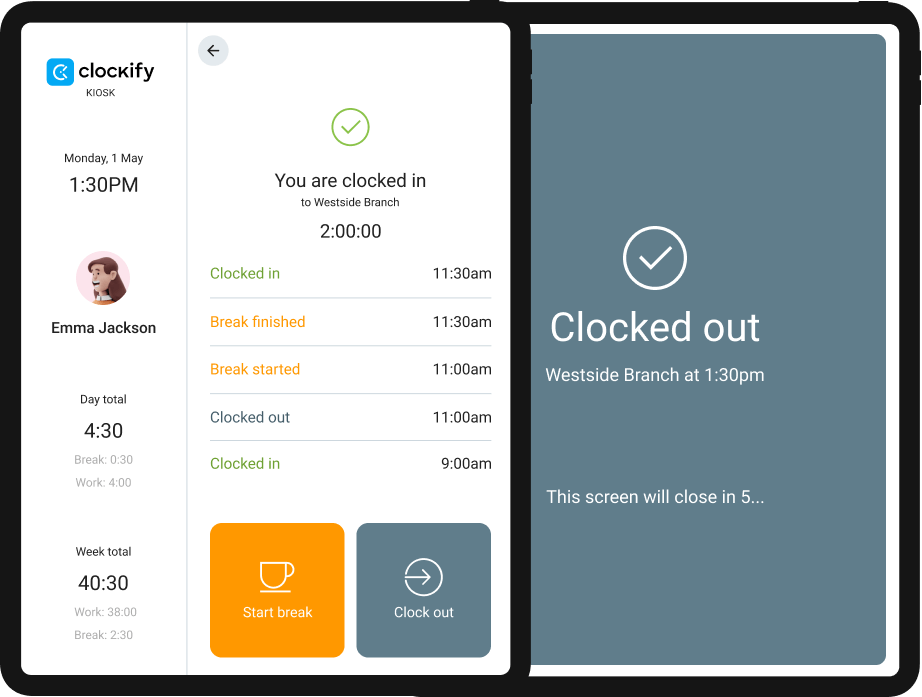 Clockify employee time clock dashboard showing time card, employee profile, and GPS clock in
