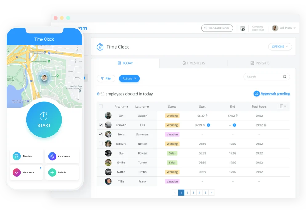 Connecteam employee time clock dashboard showing time card, employee profile, and GPS clock in