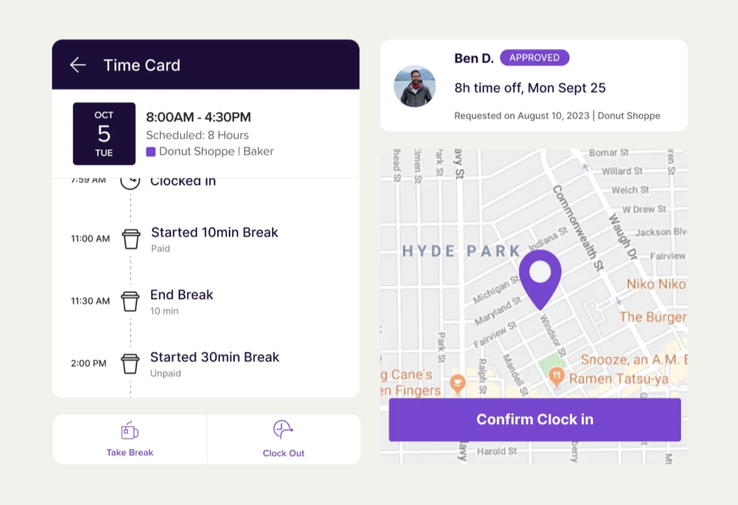 Homebase employee time clock dashboard showing time card, employee profile, and GPS clock in