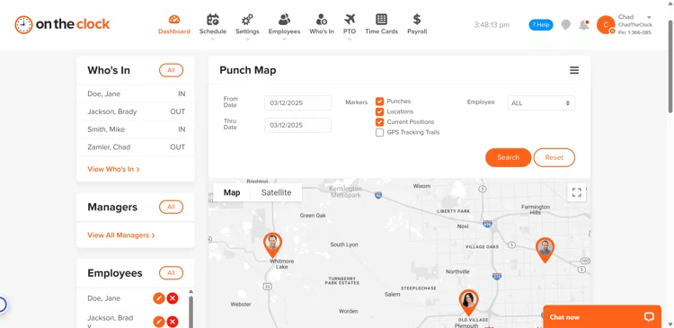OnTheClock employee time clock dashboard showing time card, employee profile, and GPS clock in