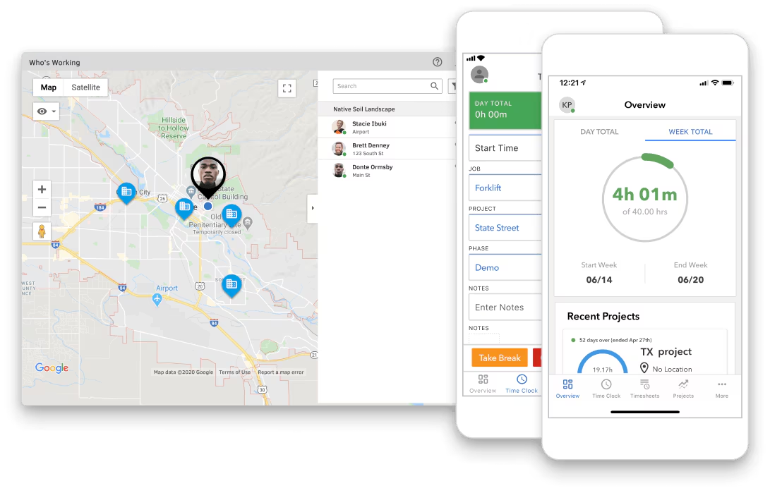 Alt:QuickBooks Time employee time clock dashboard showing time card, employee profile, and GPS clock in