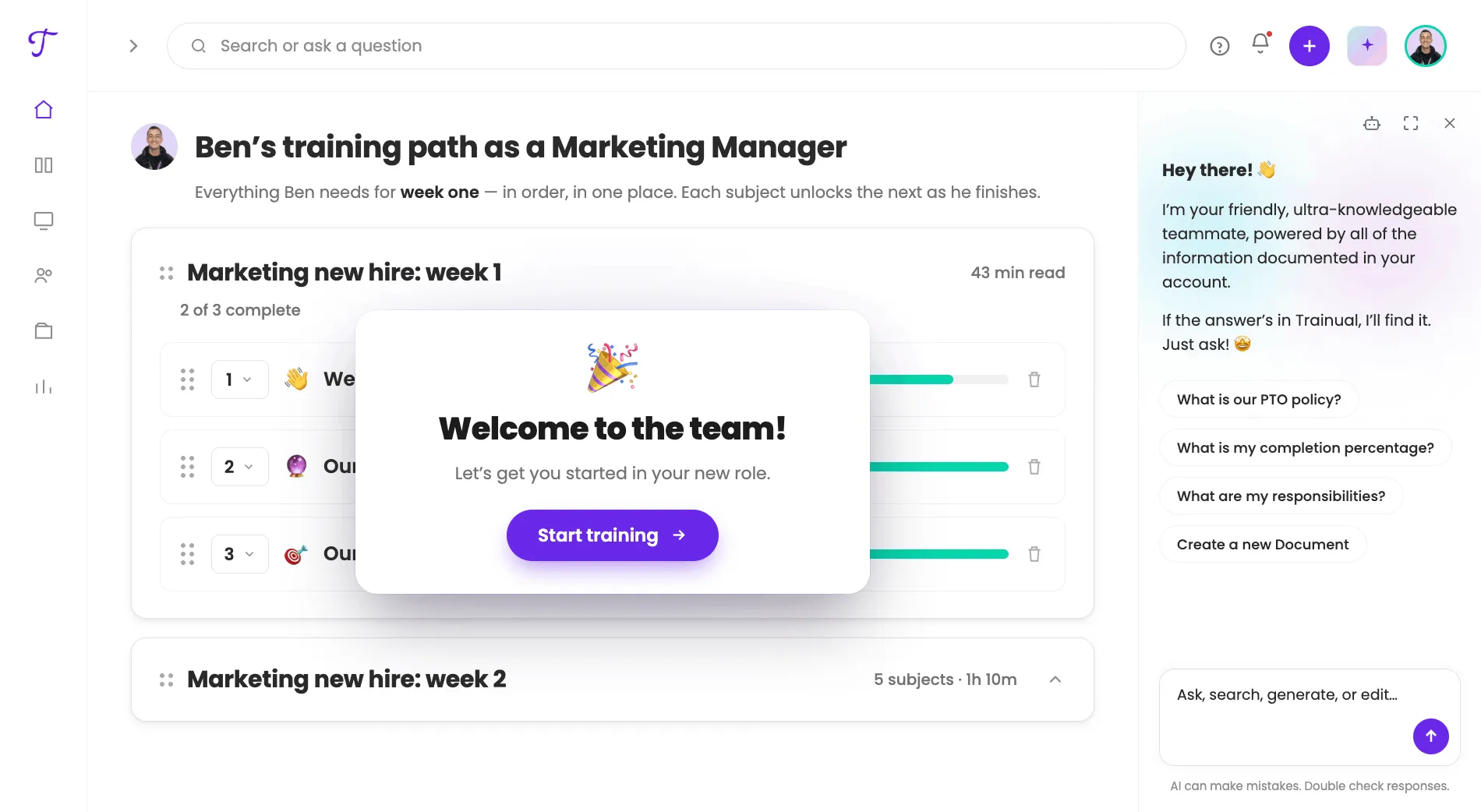 Alt:Trainual new hire training interface showing learning path and onboarding progress tracker