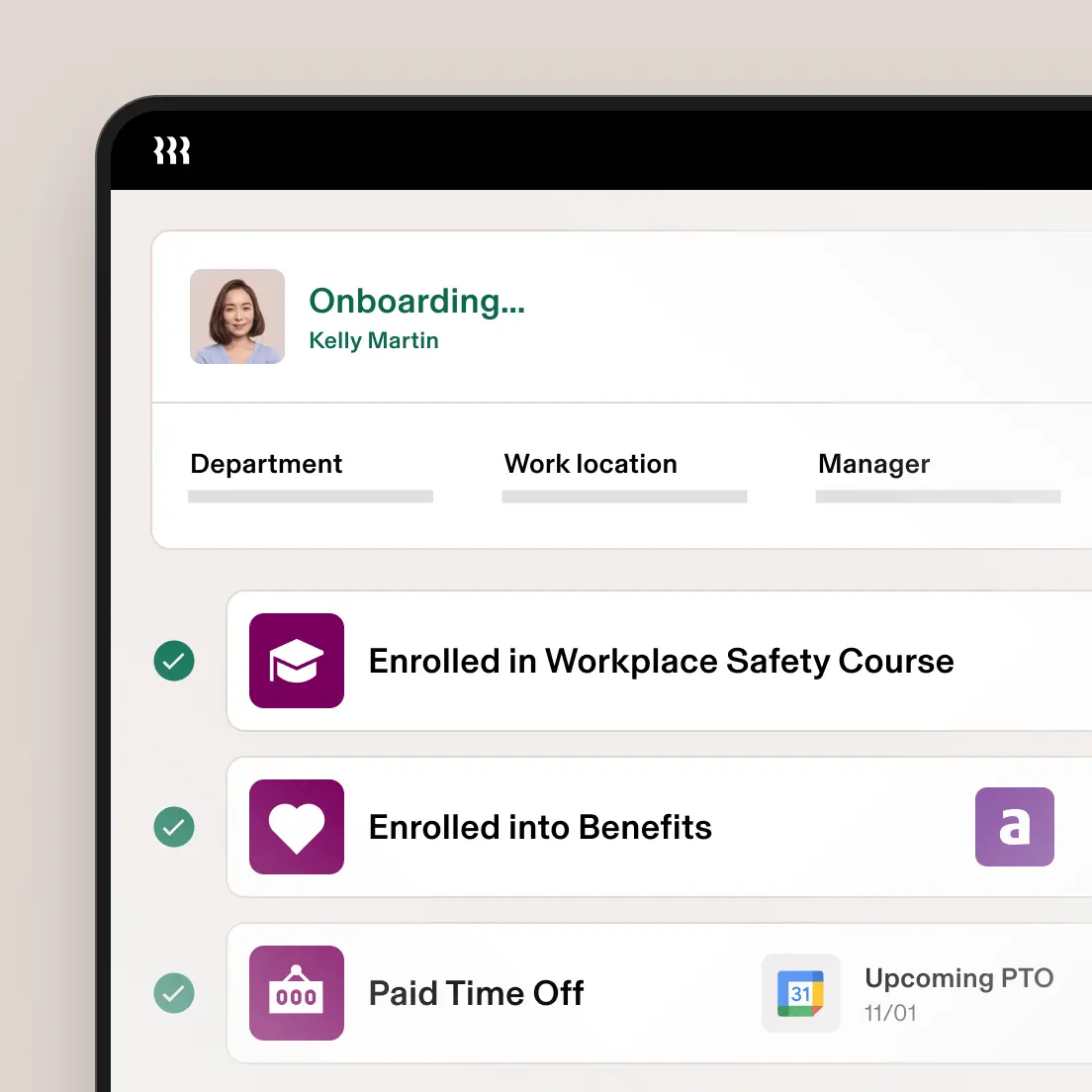 Alt:Rippling HR onboarding workflow showing new hire setup