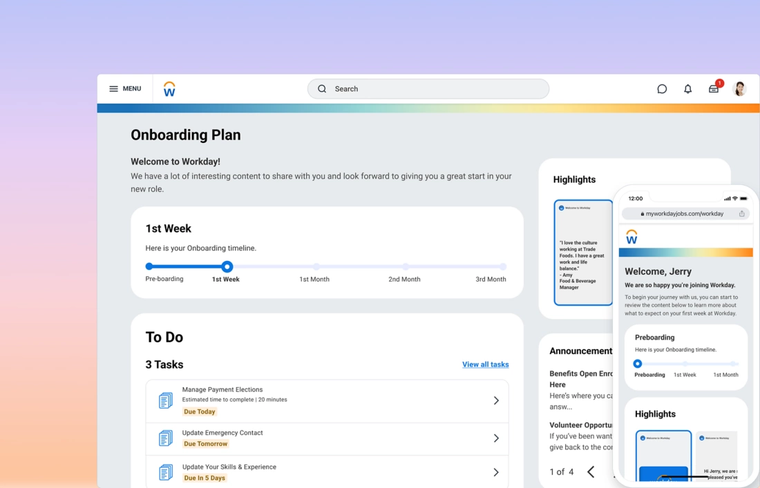 Workday onboarding module showing new hire task workflow