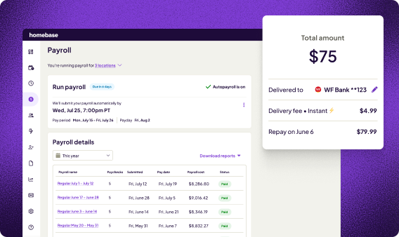 Homebase payroll processing dashboard showing timesheet-to-payroll workflow for hourly teams with time tracking