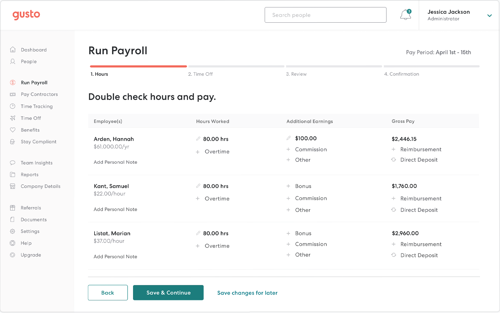Gusto payroll dashboard showing automated payroll processing, tax filing status, and employee self service for small business