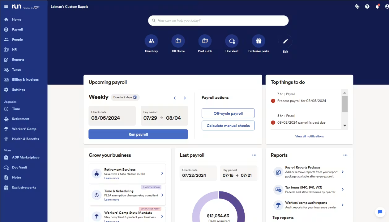 ADP RUN payroll software overview showing payroll tracking, pay periods, and pay reports.