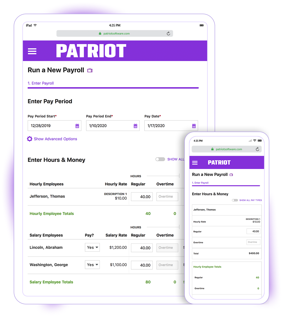 ALT:Patriot software overview showing employee profiles, pay periods, and payroll reports.
