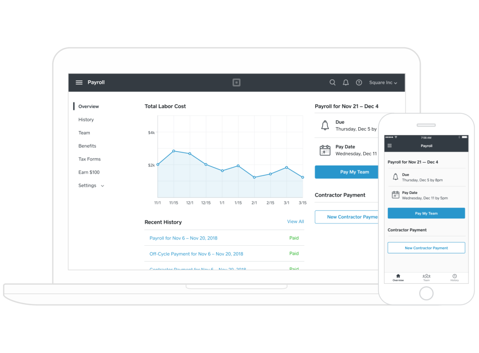 ALT:Square Payroll software overview showing total labor cost, pay periods, and payroll reports.